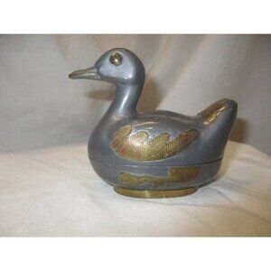 Pewter Metal Brass details Duck‎ Keepsake Mallard candy dish midcentury modern